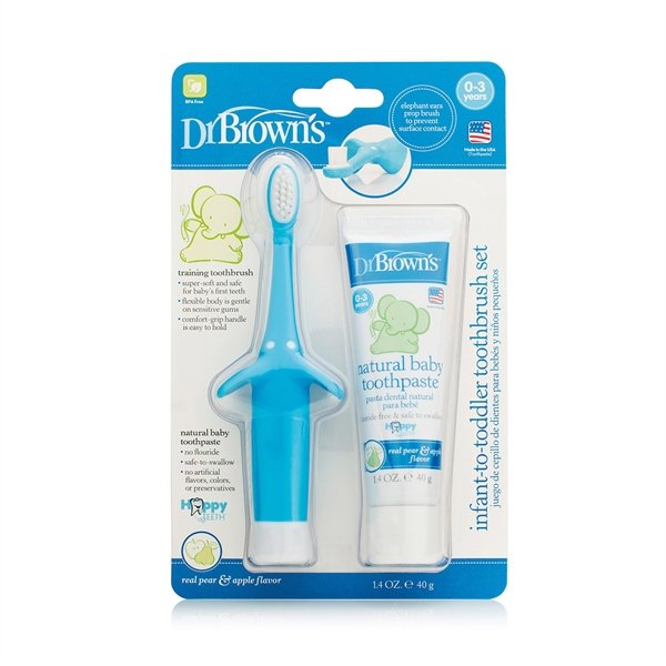 Combo bàn chải & Kem đánh răng vị táo 0-3 tuổi (Xanh) Dr Brown's - Chiếc