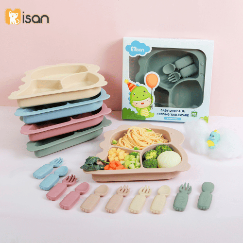 Khay khủng long silicon kèm thìa MISAN